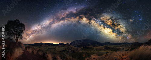 Stunning Panoramic Night Sky with Majestic Milky Way over Scenic Landscape