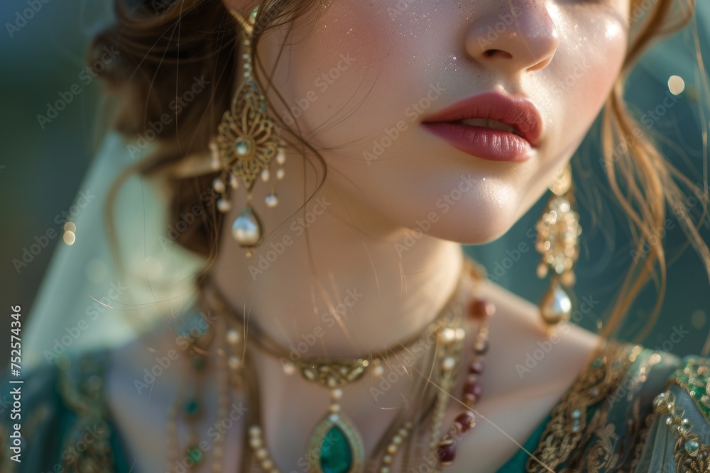 Outdoor photo of attractive girl wearing jewelry in closeup