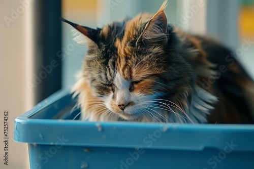 Overweight calico maine coon cat suffering from constipation struggling to use the litter box at home with a saddened expression photo