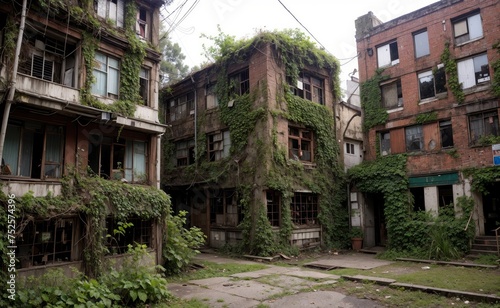 Abandoned town, vines everywhere. Destroyed buildings lots of bushes