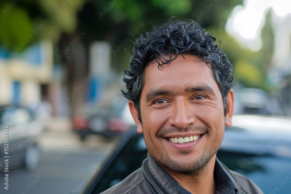 Portrait of a handsome Latin man smiling starting work as a taxi driver on a car sharing app