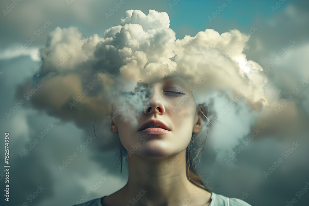 woman with her head in cloud, concept depression, copy space woman with her head in cloud, concept depression, copy space