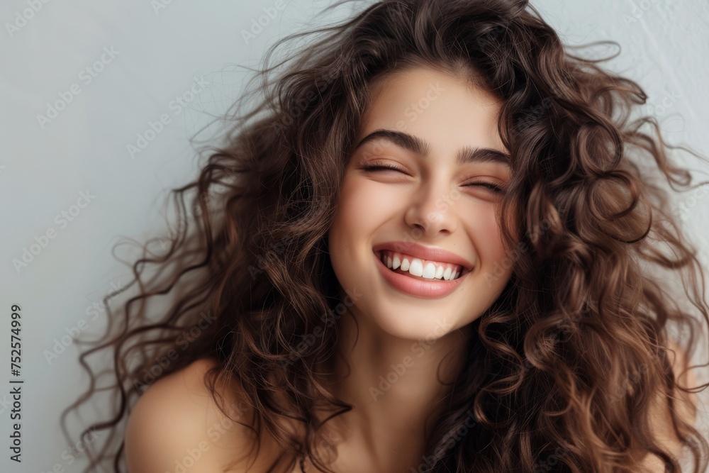 Smiling woman with beautiful curly hair Fashionable and glamorous portrait Smiling woman with beautiful curly hair Fashionable and glamorous portrait