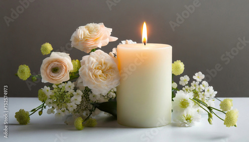 Burning candle and flowers on the table against wall, copy space, interior decor