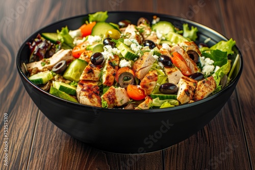 Vertical view of a Mediterranean chicken salad with avocado lettuce olives cucumber tomato and feta cheese in a black bowl on a dark wood table