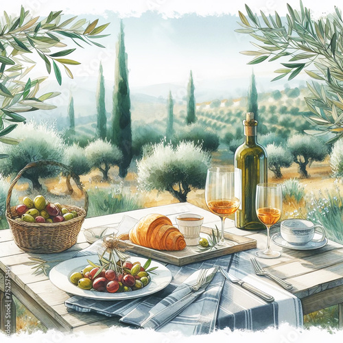 Olive tree, olives vegetables, oil bottle, rural house, green field. Watercolor for beautiful summer landscape of France or Italy for food or travel illustration.