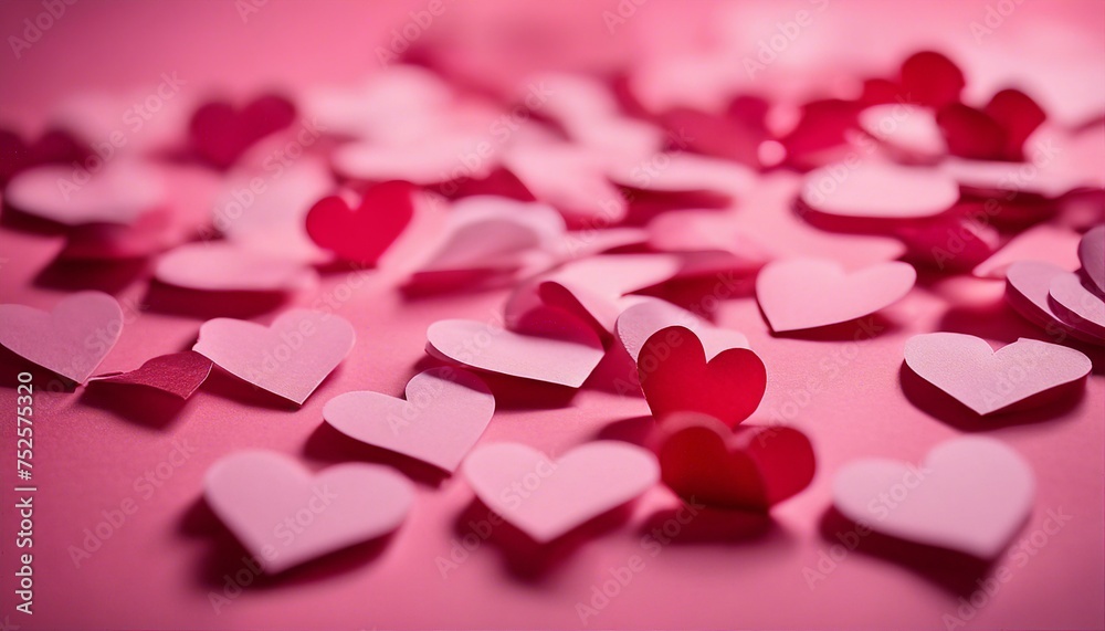 Paper hearts in shades of pink & red scattered on a soft pink backdrop, celebrating Valentine's Day.