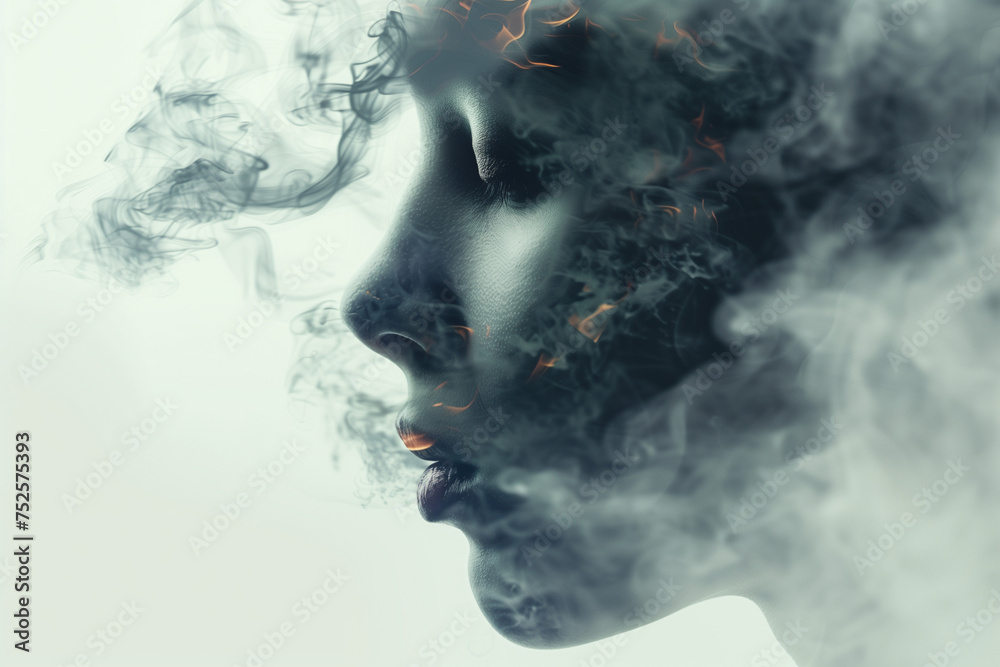 Double exposure abstract background of woman face and smokes. Mental health, depression, stress, overwork, anxiety issues concept Double exposure abstract background of woman face and smokes. Mental health, depression, stress, overwork, anxiety issues concept