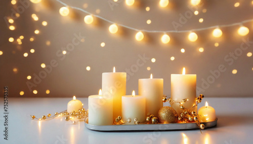 Burning candles and lighted garland, beautiful romantic interior arrangement