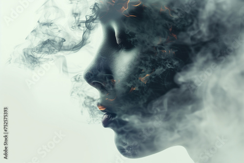 Double exposure abstract background of woman face and smokes. Mental health, depression, stress, overwork, anxiety issues concept