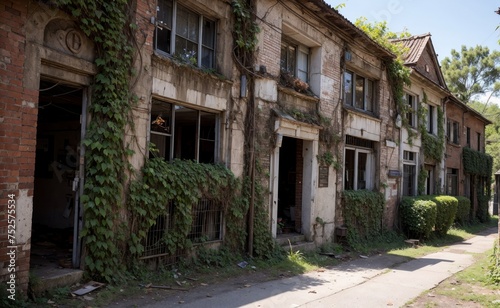 Abandoned town, vines everywhere. Destroyed buildings lots of bushes