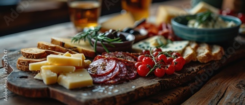 Assortment of Cold cuts. meat platter. Assortment of cheese, ham, meat, bacon, tomatoes, salami and olives on wooden table . Cold Cut with Copy Space. Food Concept with copy space