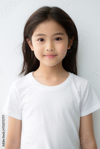A portrait of a beautiful little Asian girl looking into the camera in a white t shirt. isolated on a white background
