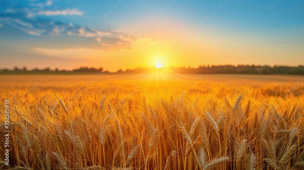 The golden hues of a wheat field at sunset under a clear sky