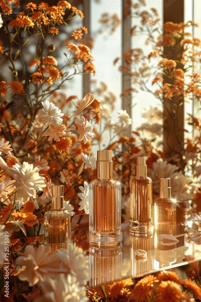 Perfume bottle surrounded by blooming cherry blossoms Perfume bottle surrounded by blooming cherry blossoms