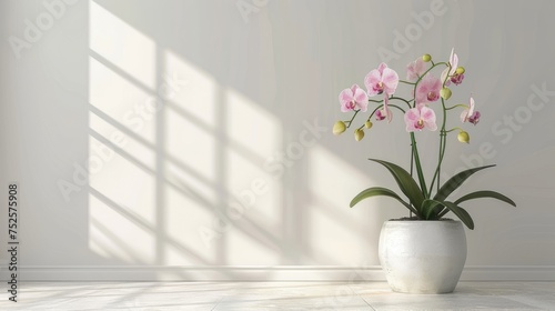 A beautiful potted Phalaenopsis orchid in a bright room