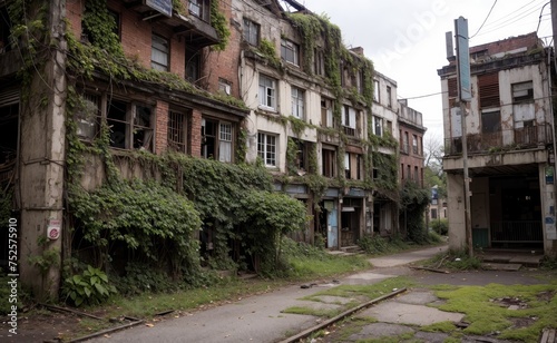 Abandoned town, vines everywhere. Destroyed buildings lots of bushes