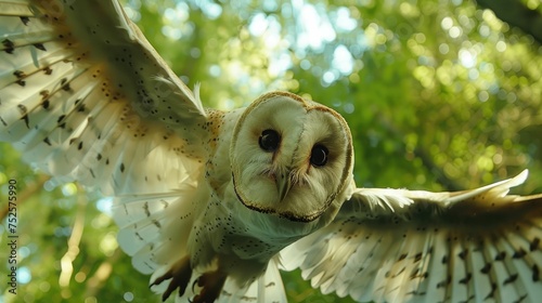 Close-up of a barn owl in flight  wings spread  with a bokeh background