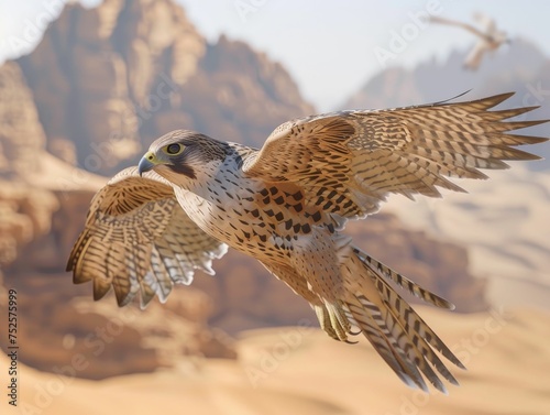 Falcon soaring over desert landscape with rock formations in the background