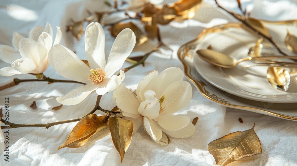 A branch with beautiful white magnolia flowers lies on a white tablecloth next to gold leaves and dishes. Nature background. Springtime A branch with beautiful white magnolia flowers lies on a white tablecloth next to gold leaves and dishes. Nature background. Springtime