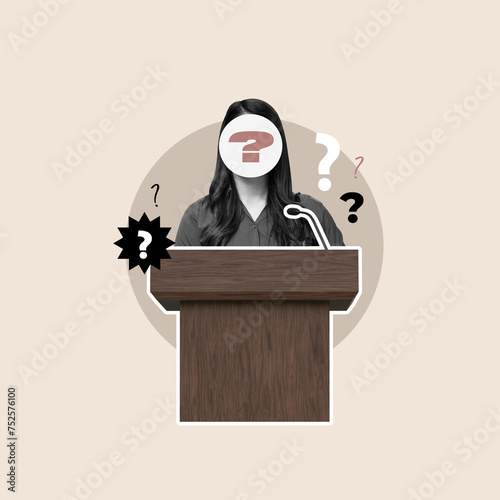 Political person, businesswoman, podium, question marks, Women, Speaker, Female, Politician, Public speaker, Question mark, President, Proclamation, Politics, Interview with media, Television industry