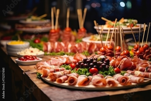 catering wedding buffet with different food snacks and antipasti . Cold Cut with Copy Space. Food Concept with copy space.