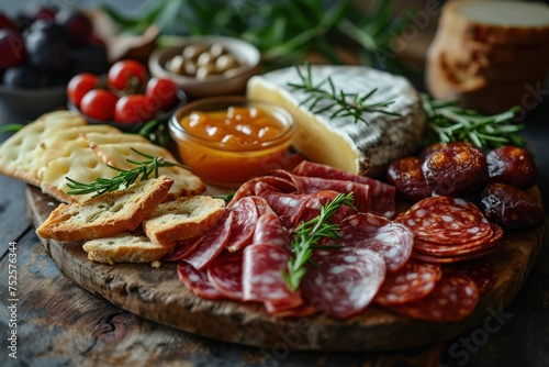 Assortment of Cold cuts. meat platter. Assortment of cheese, ham, meat, bacon, tomatoes, salami and olives on wooden table . Cold Cut with Copy Space. Food Concept with copy space