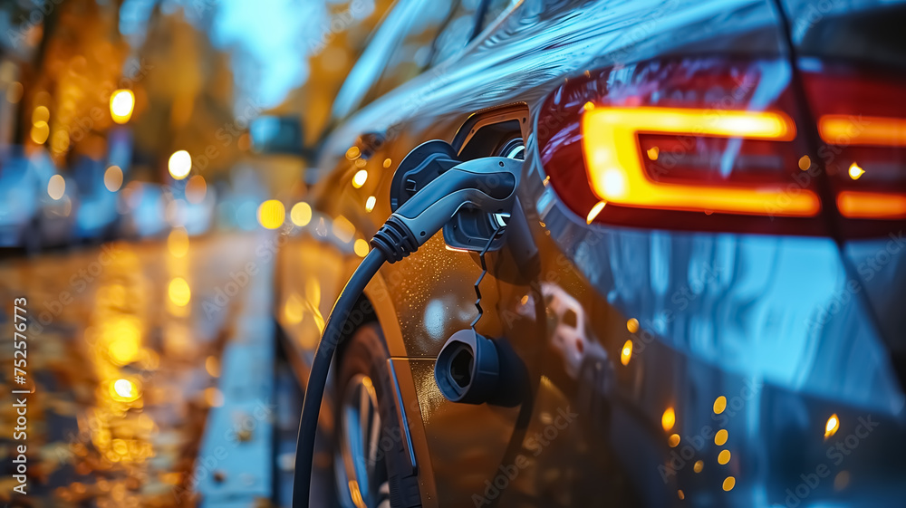Close-up of electric car charging port, eco friendly and alternative energy and transportation concept, street, evening time, waiting for car to be charged