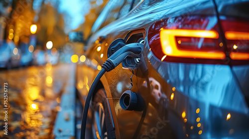 Close-up of electric car charging port, eco friendly and alternative energy and transportation concept, street, evening time, waiting for car to be charged © Loucine