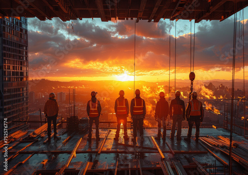 Construction workers stand on building site at sunset