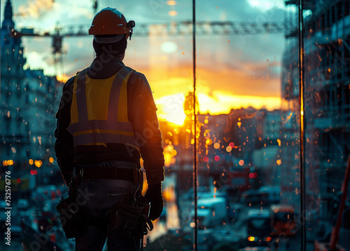 Construction worker looking at the sunset
