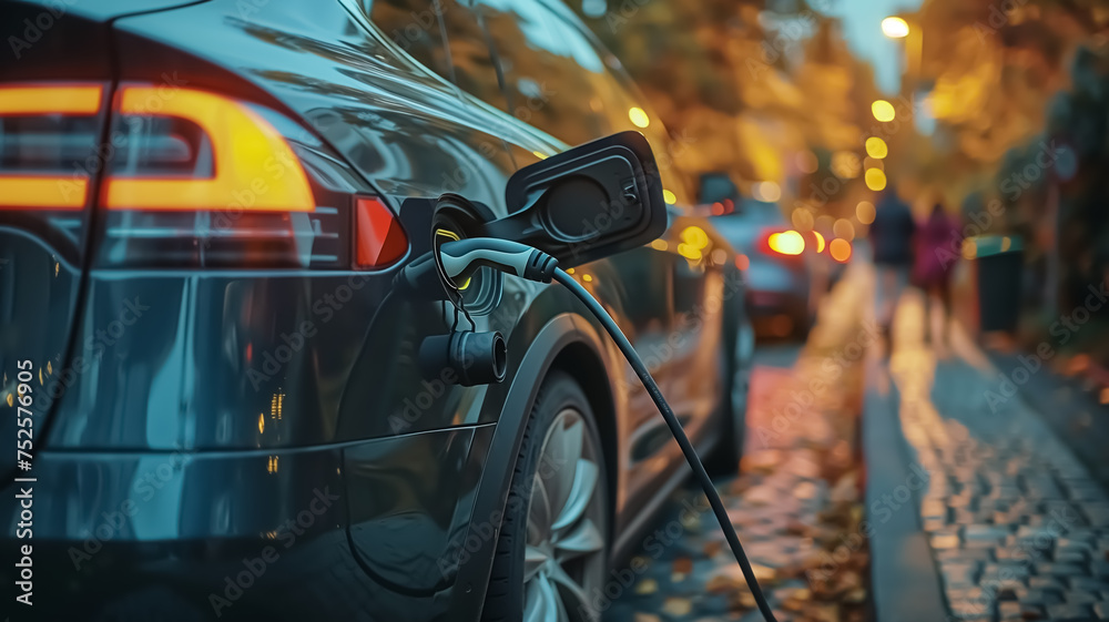 Close-up of electric car charging port, eco friendly and alternative energy and transportation concept, street, evening time, waiting for car to be charged