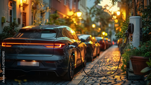 Close-up of electric car charging port, eco friendly and alternative energy and transportation concept, street, evening time, waiting for car to be charged