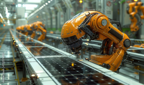 Robotic arms are welding solar panel on the production line.