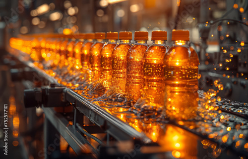 Sunflower oil in the bottle moving on production line machine in factory