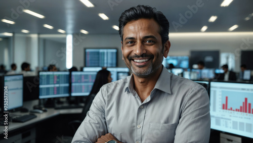 Bellissimo uomo di 40 anni di origini indiane in un ufficio finanziario con vestito elegante	davanti ai monitor con l'andamento del mercato azionario photo