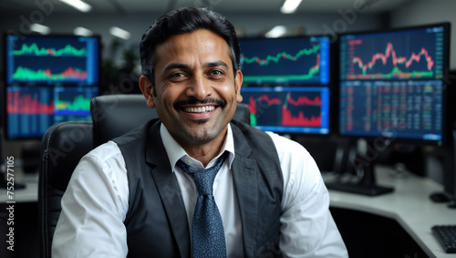 Bellissimo uomo di 40 anni di origini indiane in un ufficio finanziario con vestito elegante davanti ai monitor con l'andamento del mercato azionario