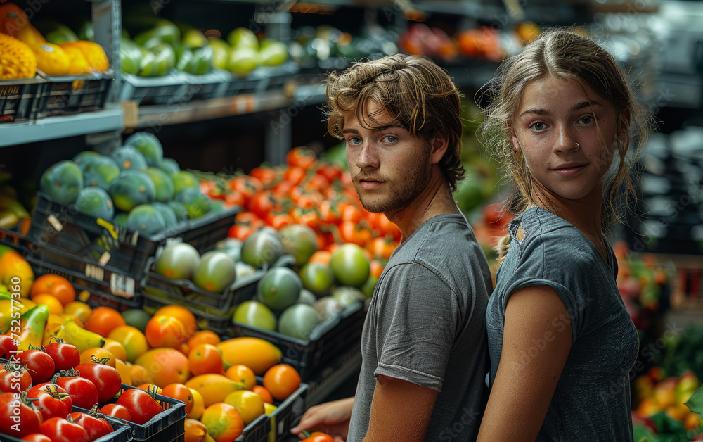 Young couple chooses fresh vegetables in supermarket.