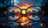 Glasses and city in the sunset