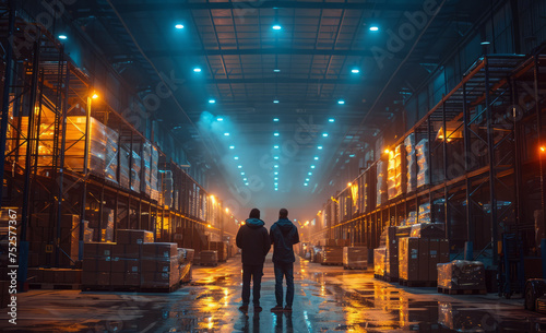 Two men are walking through large warehouse at night