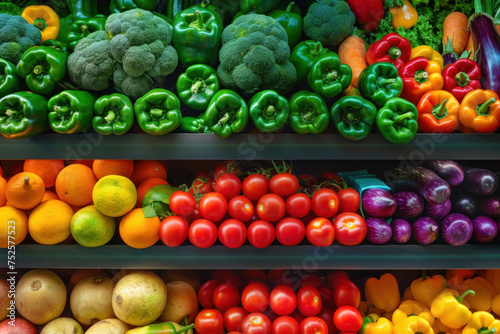 Assorted collection of colorful vegetables and fruits neatly organized on market shelves