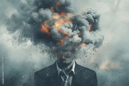 Mental health concept depicting a man wearing a suit with his head exploding into smoke and rubble. Stress and depression themes photo