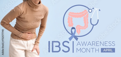 Awareness banner for Irritable Bowel Syndrome Month with ill woman photo
