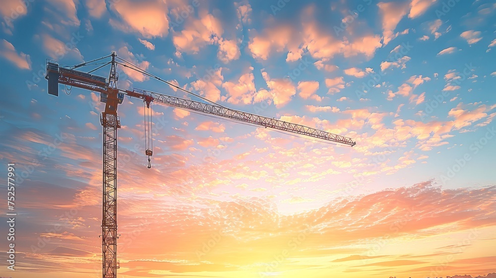 A crawler crane set against the backdrop of a sunset sky