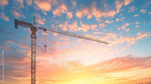 A crawler crane set against the backdrop of a sunset sky photo