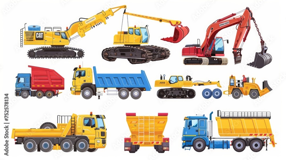 Construction cranes in a flat style, including trucks, crawler tractors