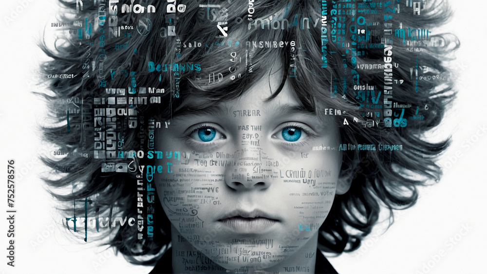 Letter Cascade: Striking Typographic Portrait of a Boy with Words as Hair Letter Cascade: Striking Typographic Portrait of a Boy with Words as Hair