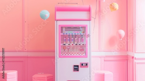 An empty claw machine decorated with pastel pink colors is isolated on a white background photo