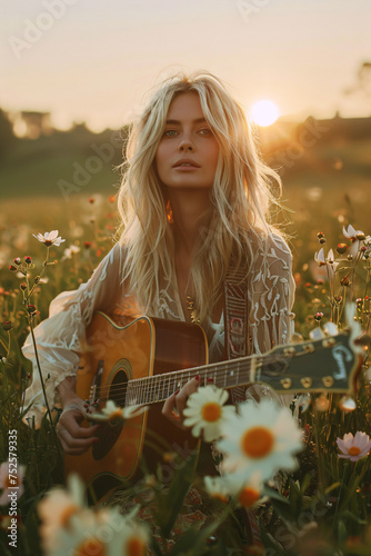 a blonde woman playing guitar at sunset © Riverland Studio