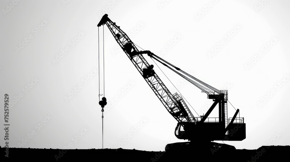 Silhouette of a mobile crane depicted in black and white background Silhouette of a mobile crane depicted in black and white background